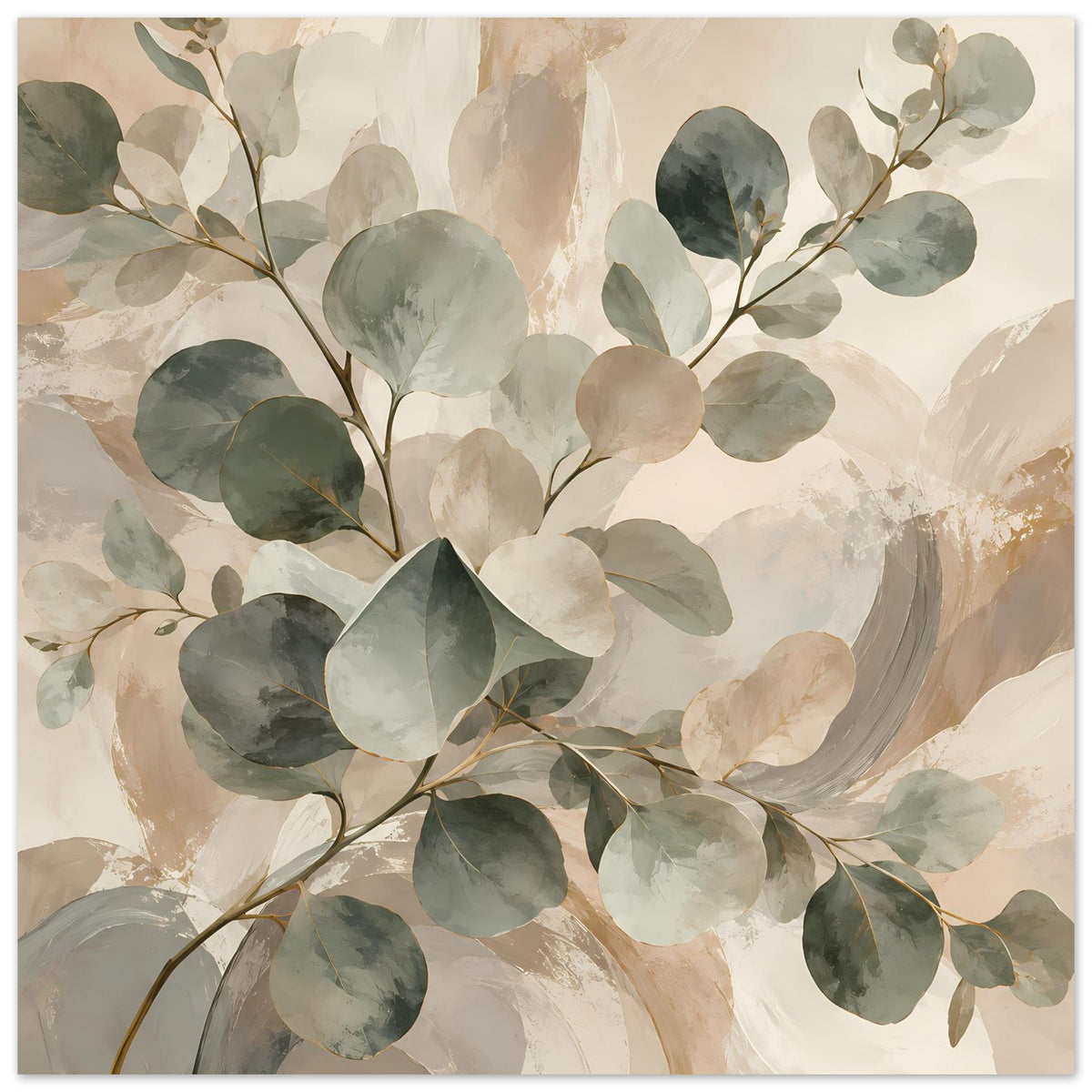 Botanisches Aquarellposter (Hochformat) mit Blättern und Zweigen, Salbeigrün/Beige