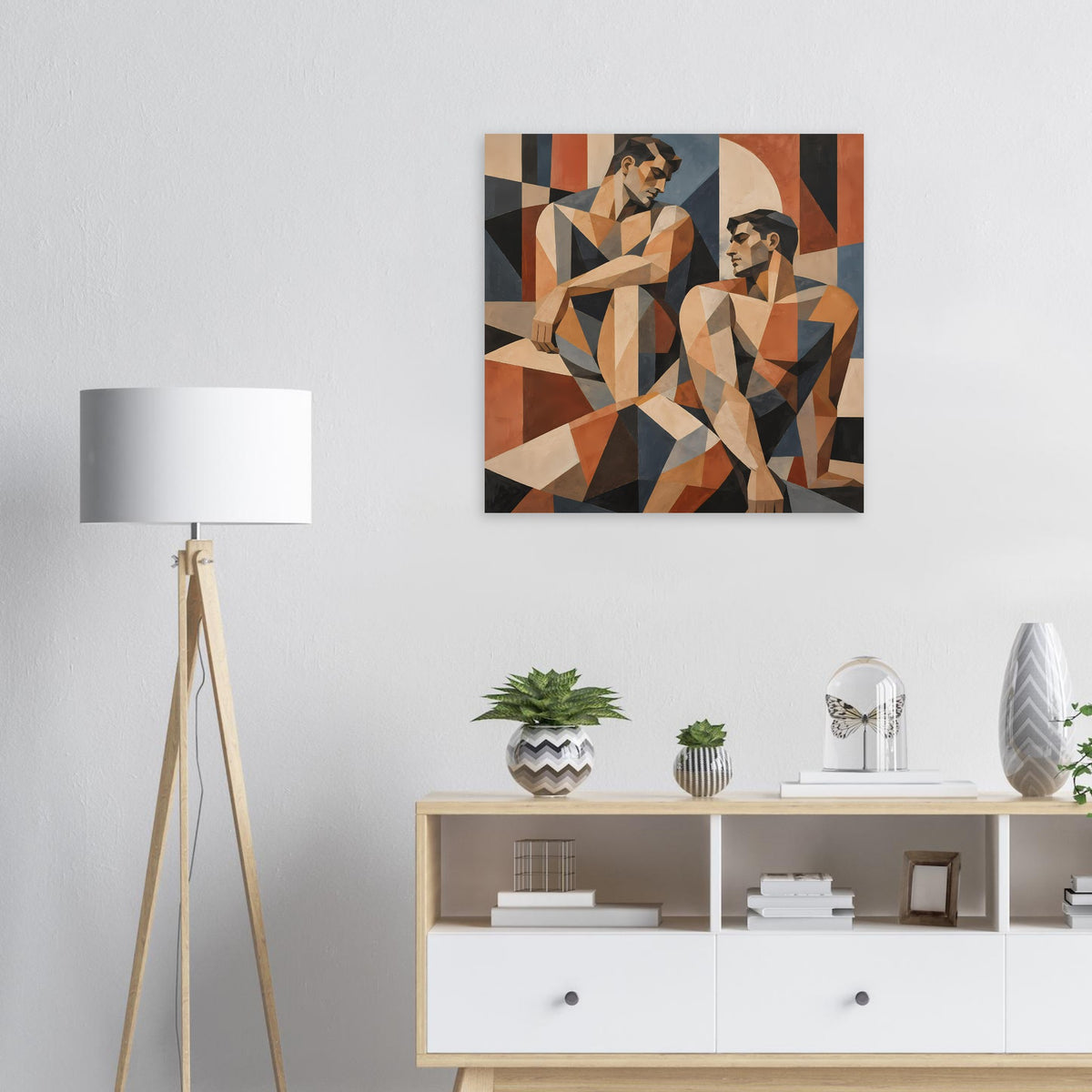 Kunstposter mit abstrakter geometrischer Darstellung zweier Figuren in warmen Farbtönen