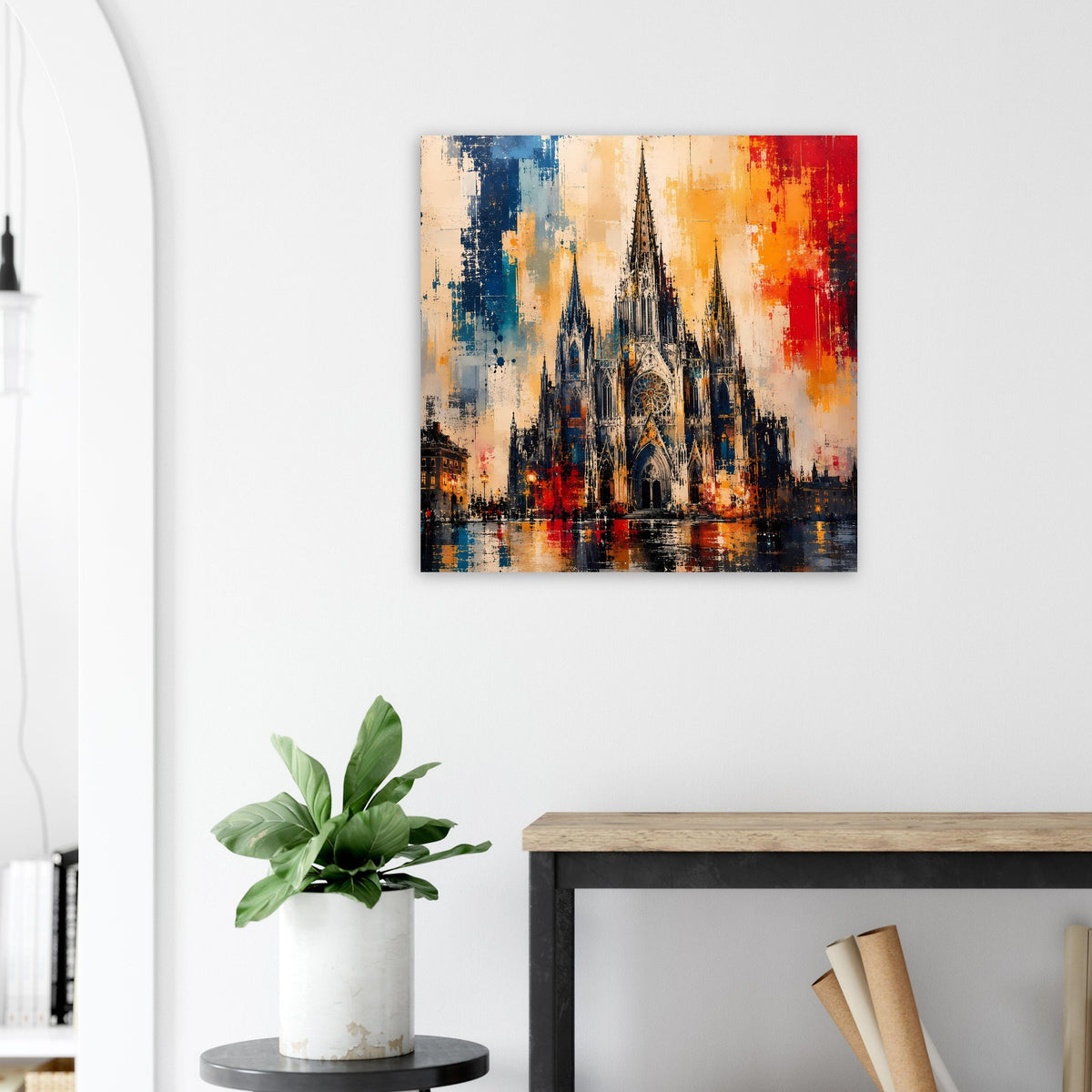 Poster mit gotischer Kathedrale, abstrakter Farbverlauf in Blau, Orange und Rot