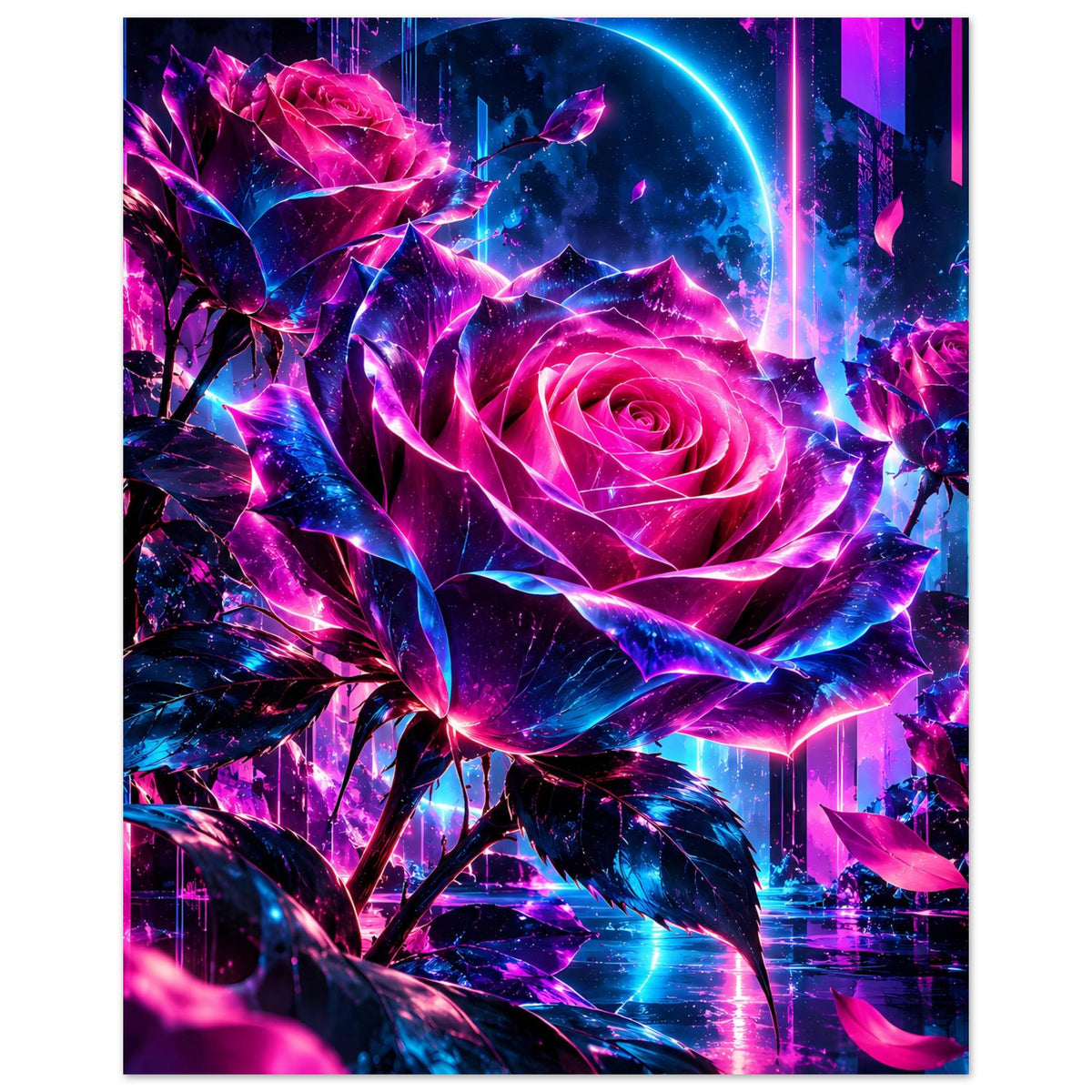 Kunstposter mit Neonrose in Pink und Blau, umgebende Blätter und Blüten, vertikal