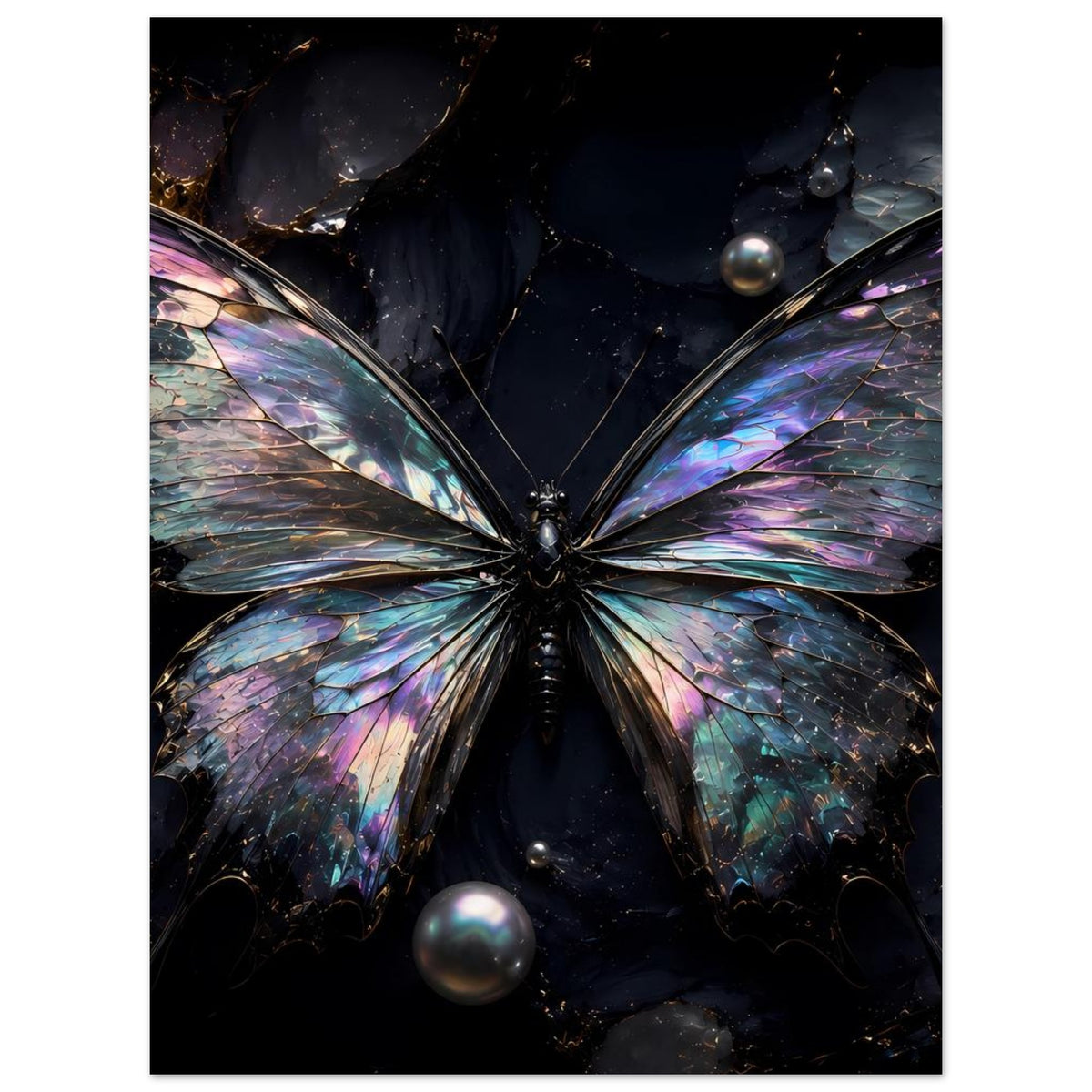 Schmetterling-Poster mit irisierenden Flügeln in Blau und Violett sowie glitzernden Partikeln