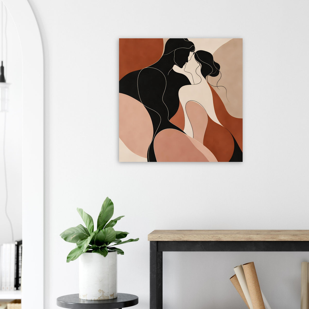 Gerahmtes quadratisches Poster: abstraktes Liebespaar, Schwarz, Beige und rostrote Formen