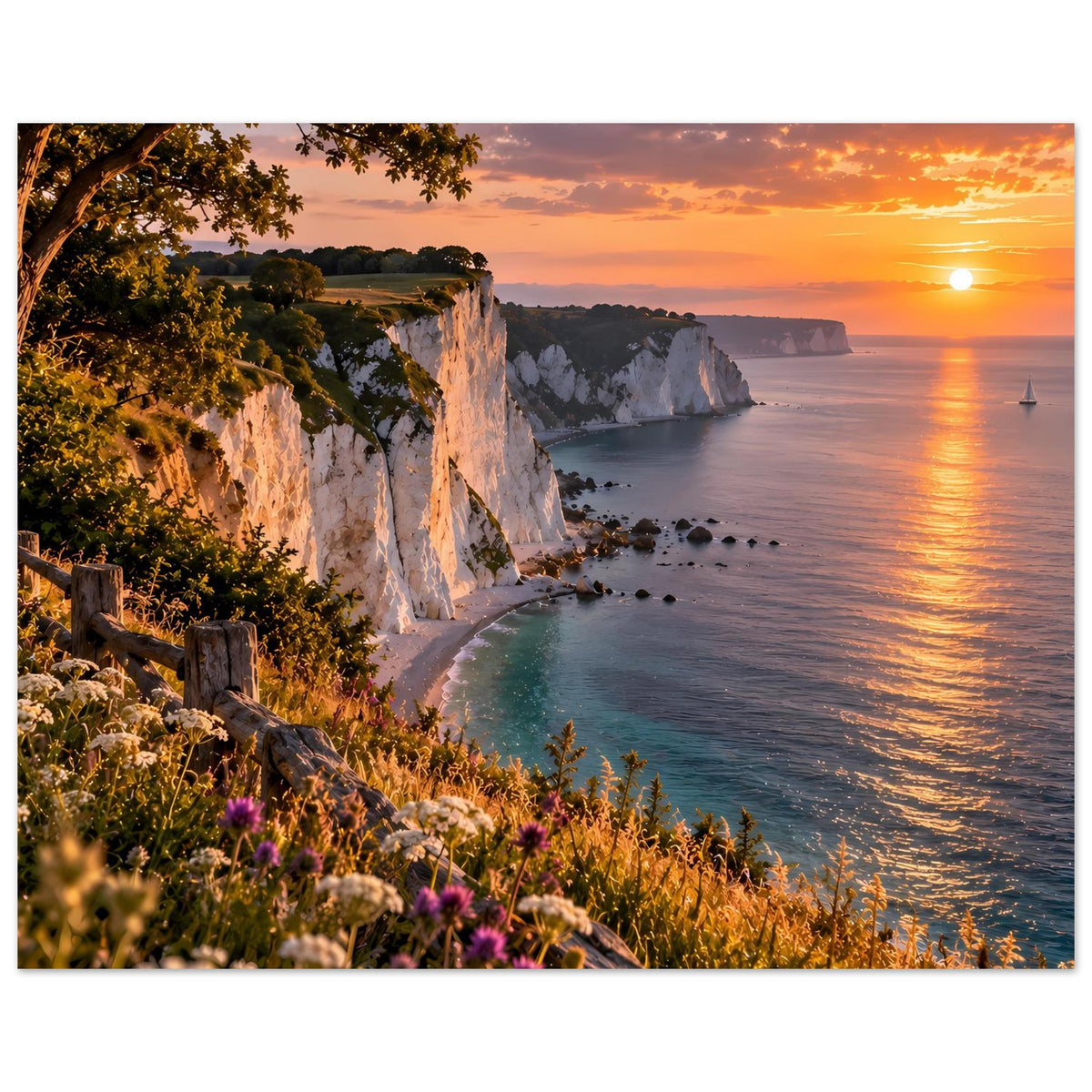 Horizontales Poster: weiße Küstenklippen, blühender Vordergrund und Sonnenuntergang über dem Meer