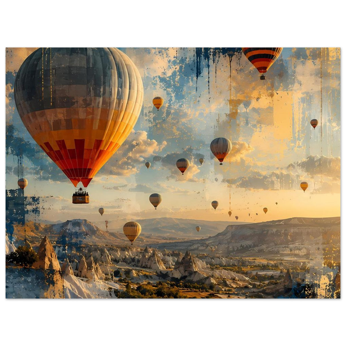 Landschaftsposter mit Heißluftballons: großer Ballon links, Tallandschaft mit weiteren Ballons