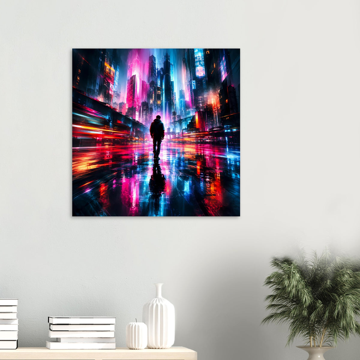 Kleines Querformat-Cyberpunk-Poster: stehende Silhouette, blaue, pinke und orange Lichtlinien.