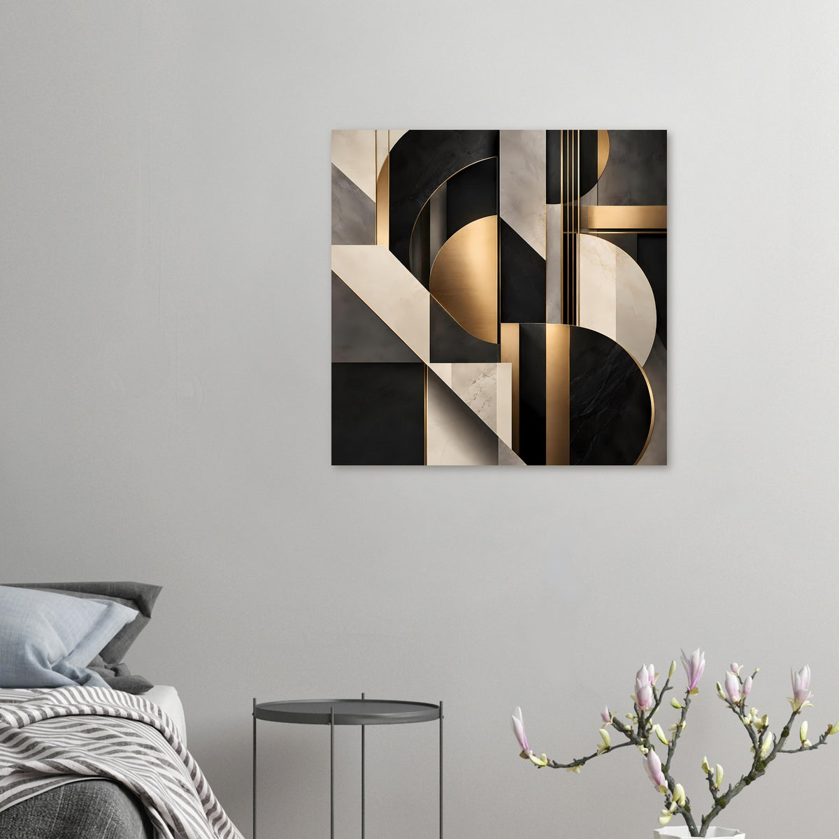 Kleines geometrisches Gold-und-Marmor-Kunstposter mit Bögen, Rechtecken und Schwarz-Weiß-Gold-Kontrast.
