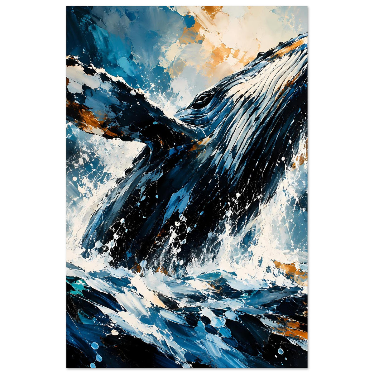 Walposter vertikal mit Blauwal und weißen Wasserfontänen, kräftige blaue Farbflächen