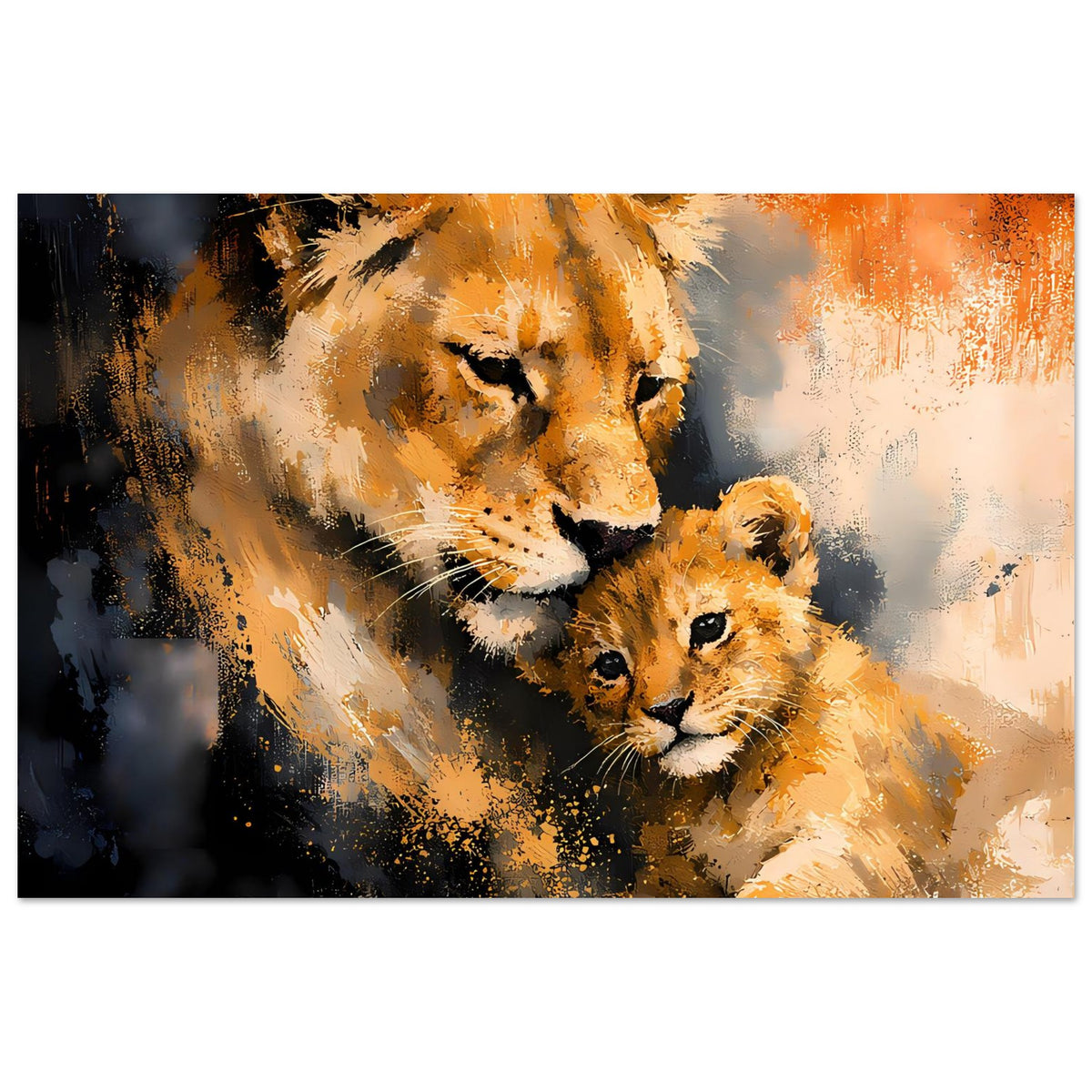 Wandposter mit Löwin und Jungtier, warmes Orange-Gelb, Querformat mit breitem Bildausschnitt