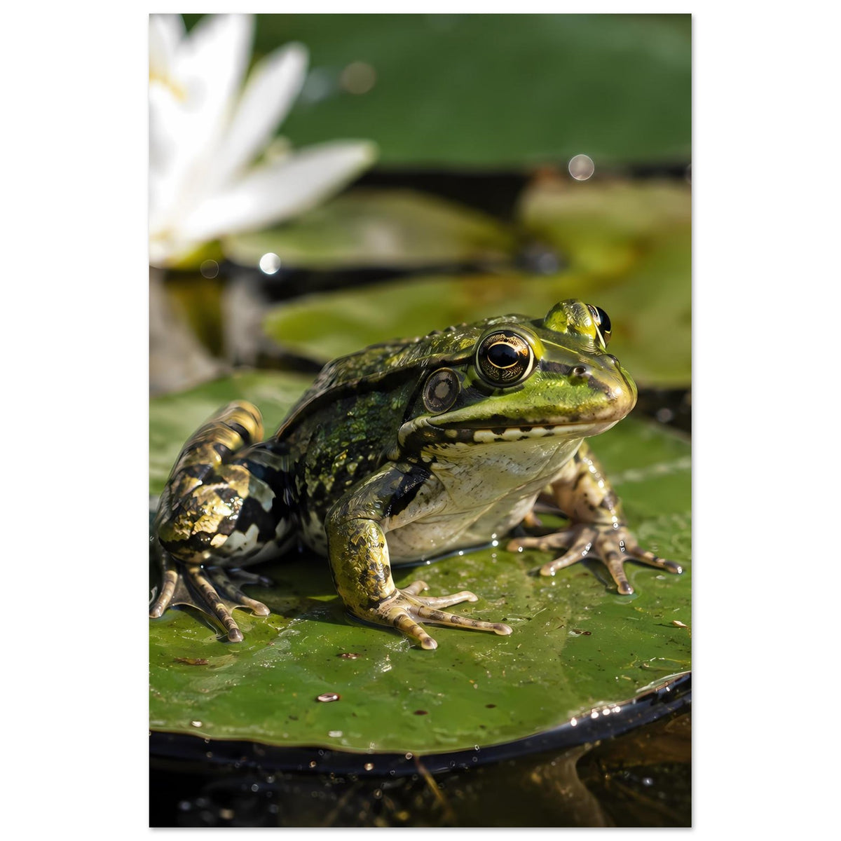 Frosch auf Seerosenblatt im Poster, mittige Vorderansicht