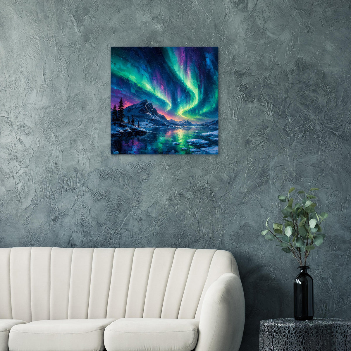 Quadratischer Poster mit Polarlicht-Reflexion auf dem See, Berge und Bäume, blau-grün-violett
