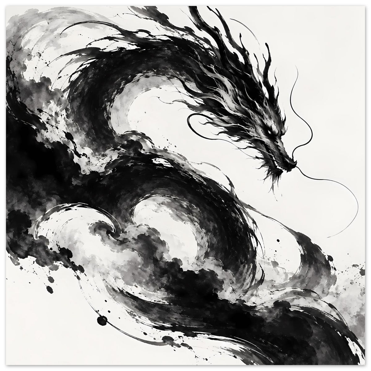 Drachenkunst-Poster im Schwarz-Weiß: ganzer Drache mit Spritzern, Rauchwirbeln und Linien