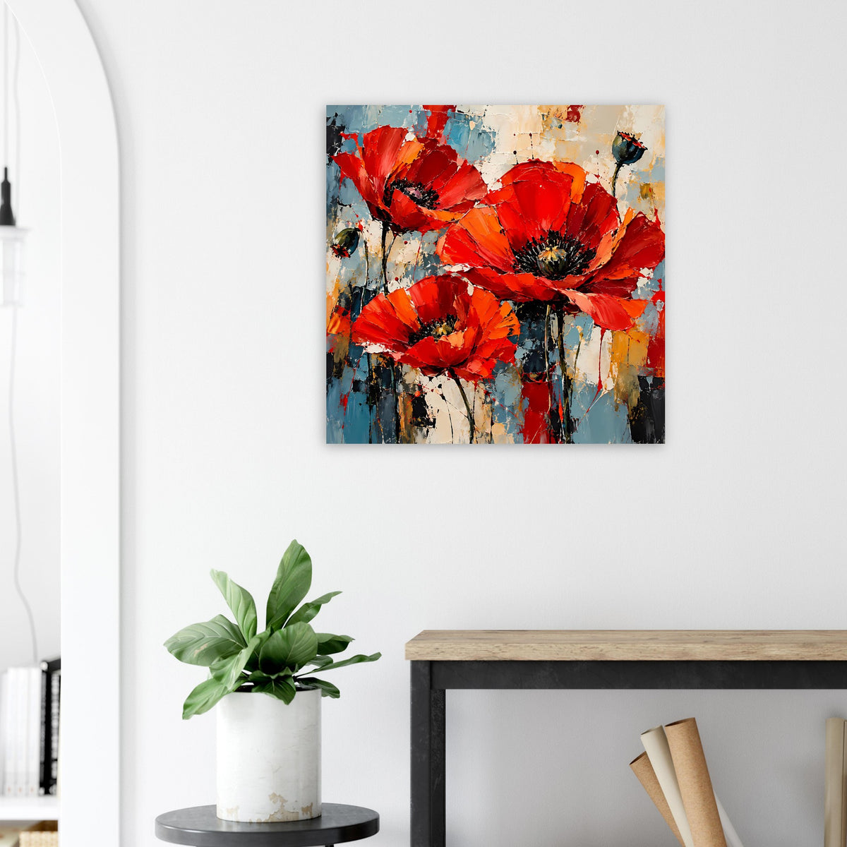 Quadratisches Poster mit roten Mohnblumen, pastosen Farbbereichen und Spritzdekor