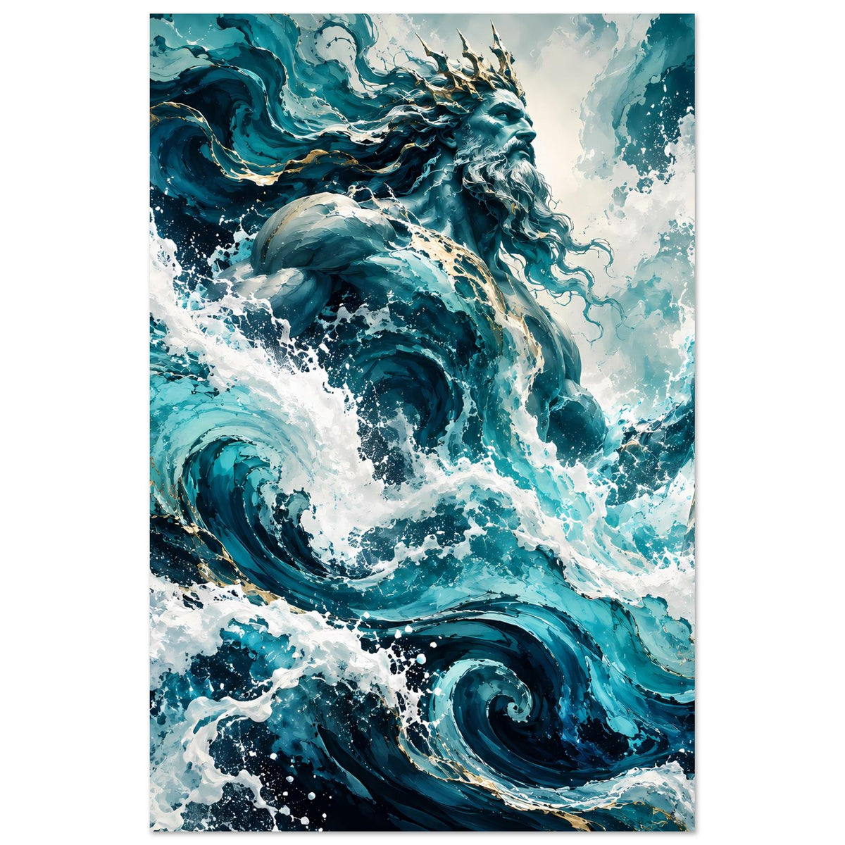 Wandposter mit Meeresgott im Wellensog, türkisblaues Wasser, goldener Dreizack.