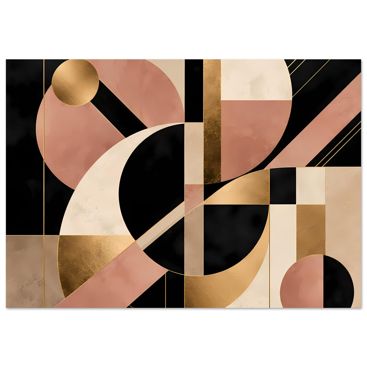 Art-Deco-Wandkunst mit goldenen Streifen, schwarzen Formen und rosa Elementen, ganzer Motivbereich