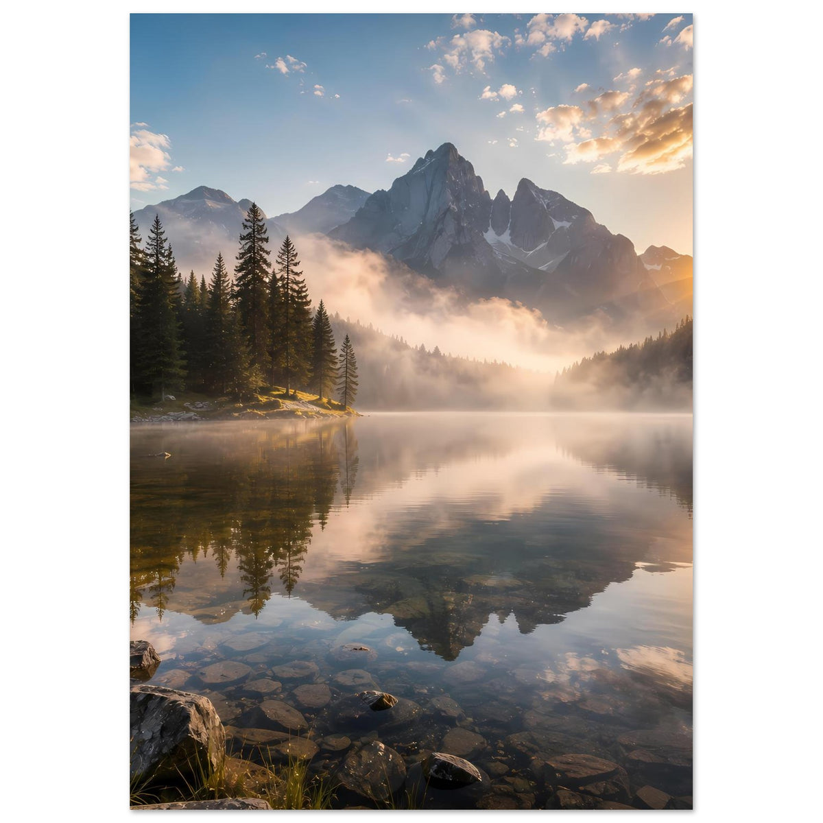 Poster: Berge, ruhiger See und Sonnenaufgang, Nebelschleier, mattes Premiumpapier