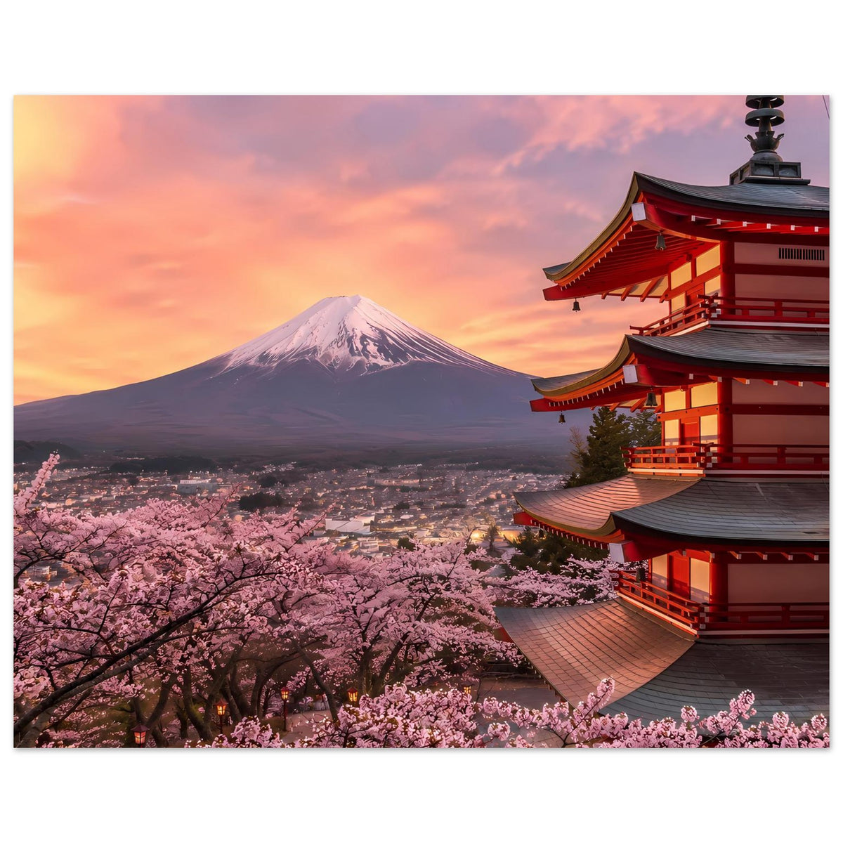Premium Poster mit Mount Fuji, Kirschblüten und rotem Tempelgebäude rechts im Bild