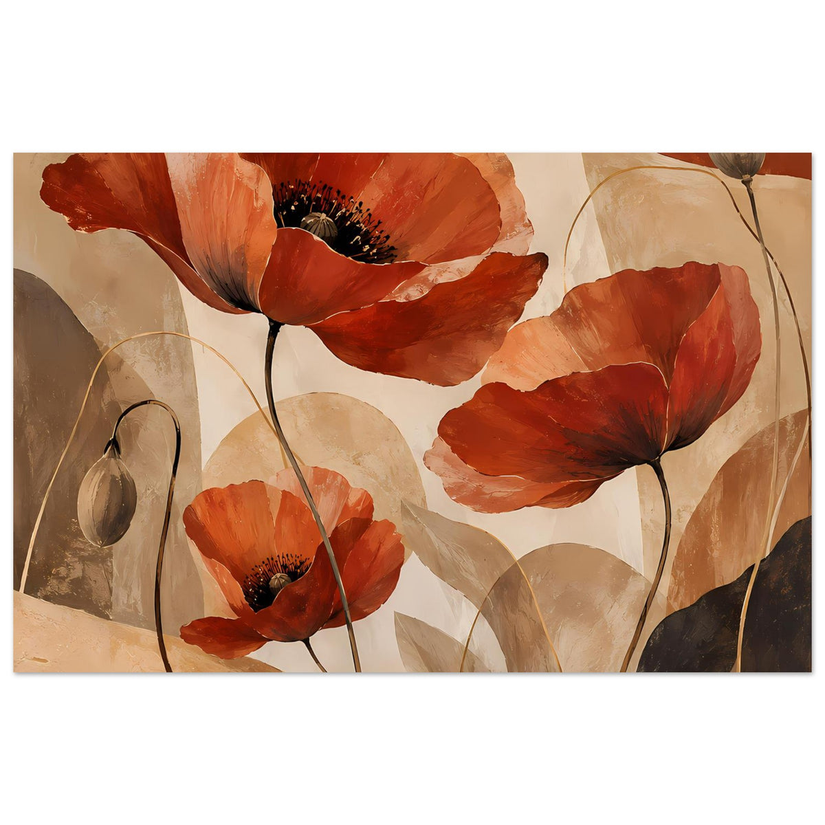 Botanisches Poster mit roten Mohnblumen und feinen Stielen, Querformat, gerahmt