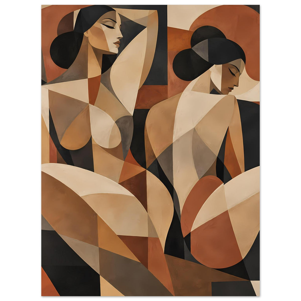Abstraktes Poster mit zwei Frauenfiguren im Kubismus-Stil, beigen Flächen und Schwarz