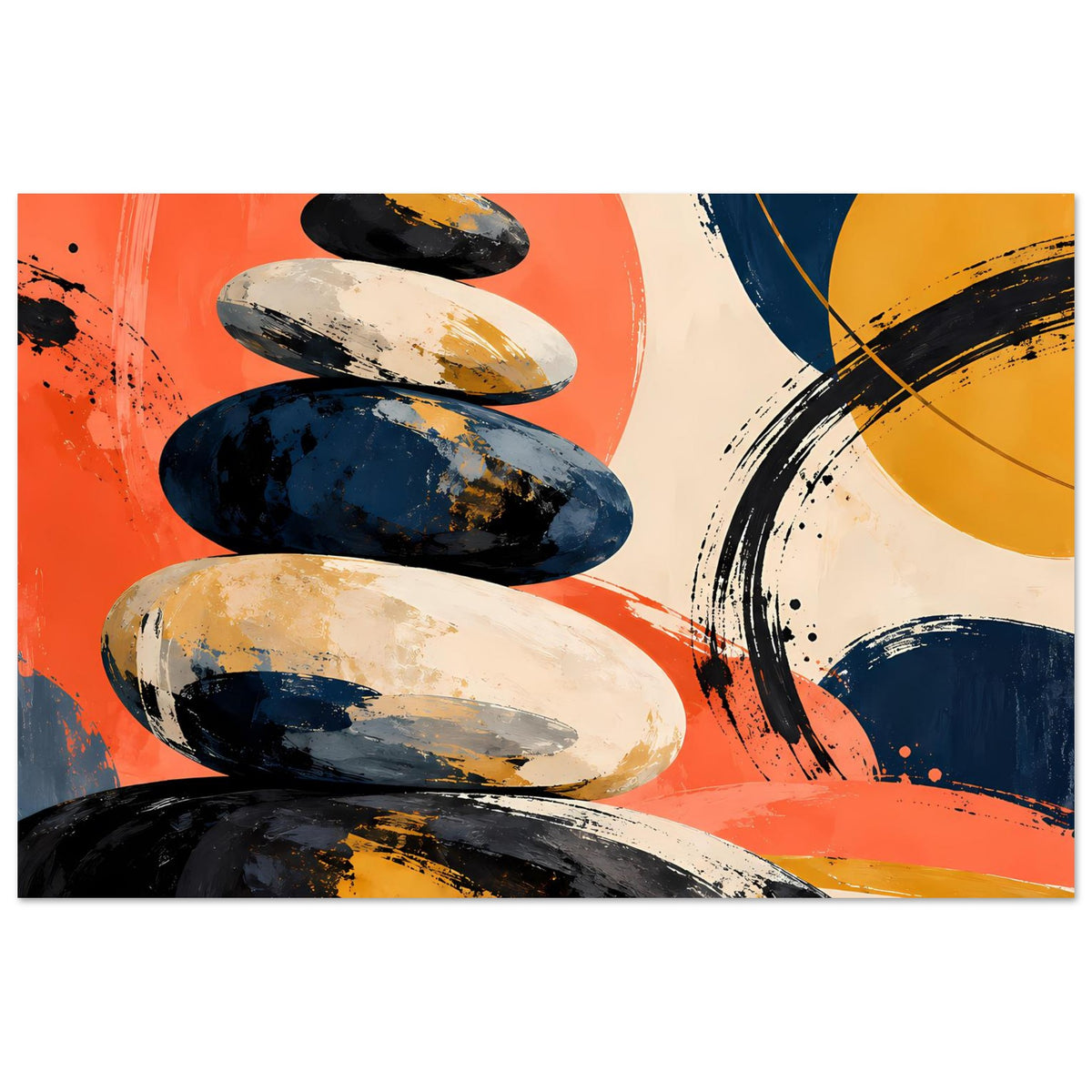 Abstraktes Poster: gestapelte Steine in Orange, Dunkelblau und Beige mit gelben Akzenten, Querformat.