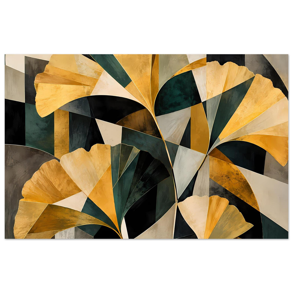 Abstraktes Floral-Poster im Querformat mit goldenen Blütenformen, tiefgrünen und schwarzen Segmenten