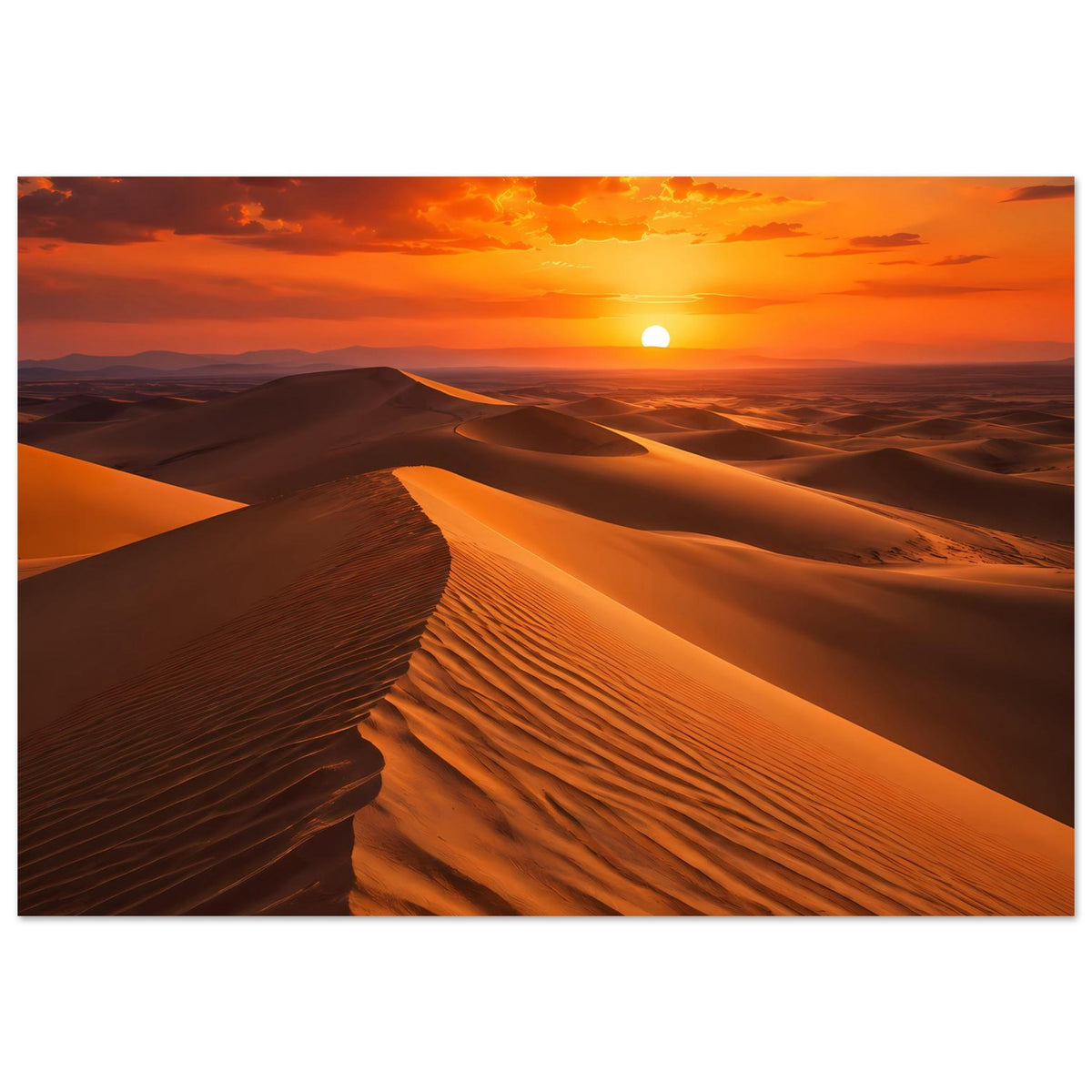 Poster mit Wüsten-Dünen bei Sonnenuntergang, orangefarbene Sonne mittig, mit sichtbarem Rand