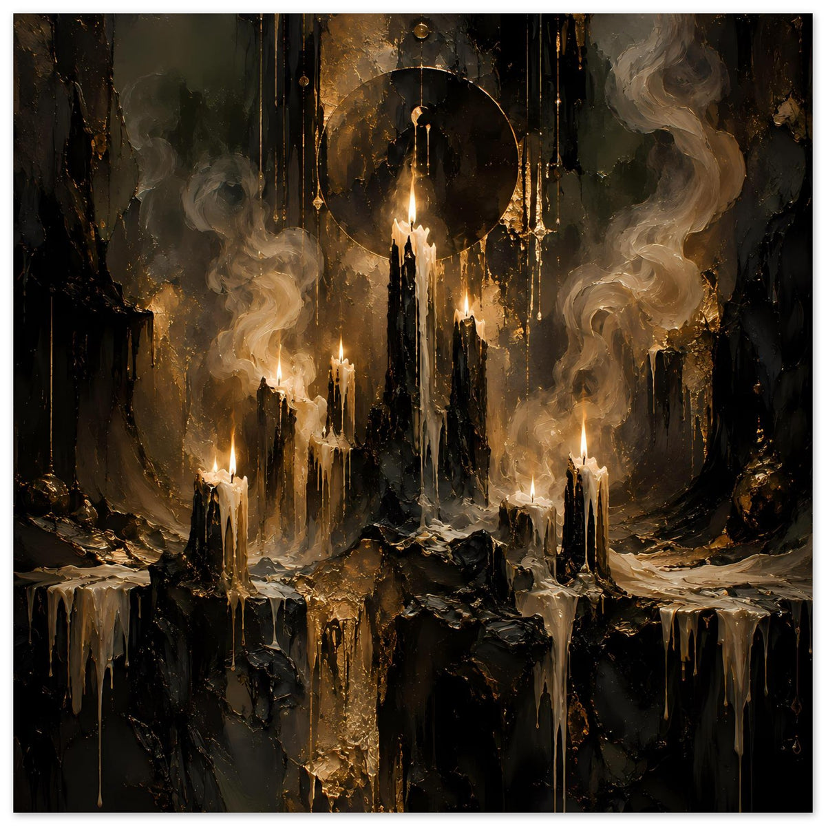 Fantasy-Poster im Querformat: Nahansicht brennender Kerzen, Rauch und rundes Portal aus Gold