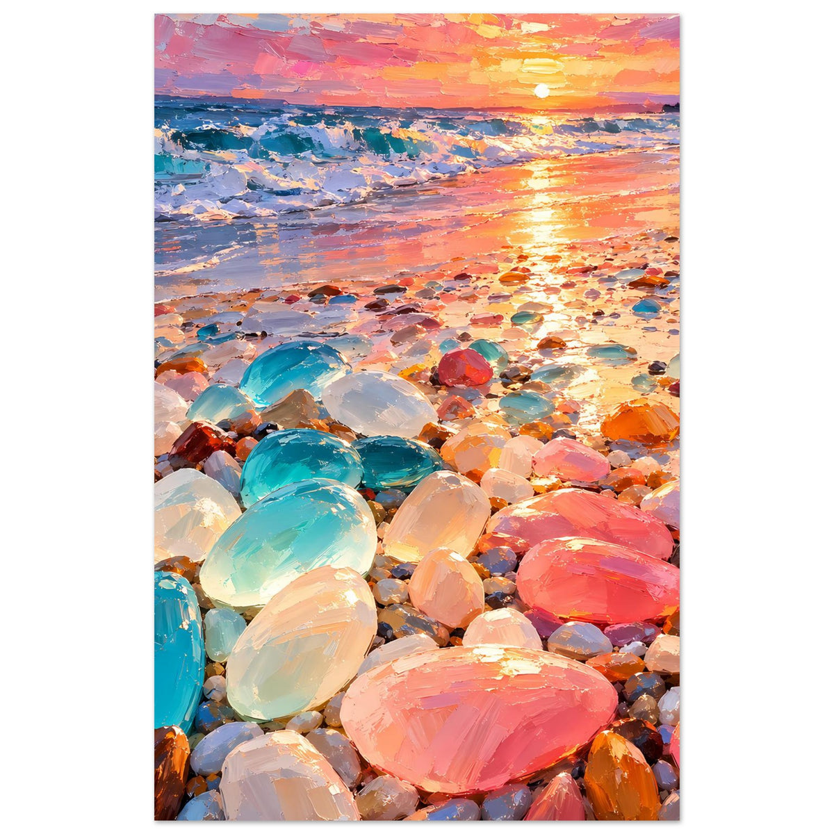 Wandposter, hochkant: Sonnenuntergang über Wasser mit vielen bunten Glassteinen