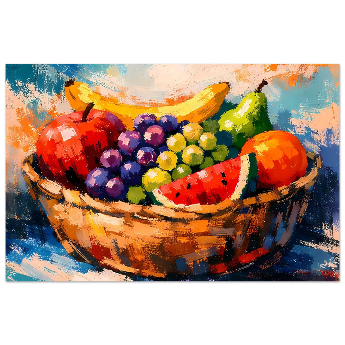 Breites Poster mit gemaltem Obstkorb: Trauben, Zitrus und Wassermelone im Farbensog