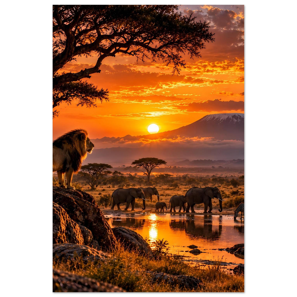 Vertikales Safari-Sonnenuntergangs-Poster mit Löwe links und Elefanten an Wasser