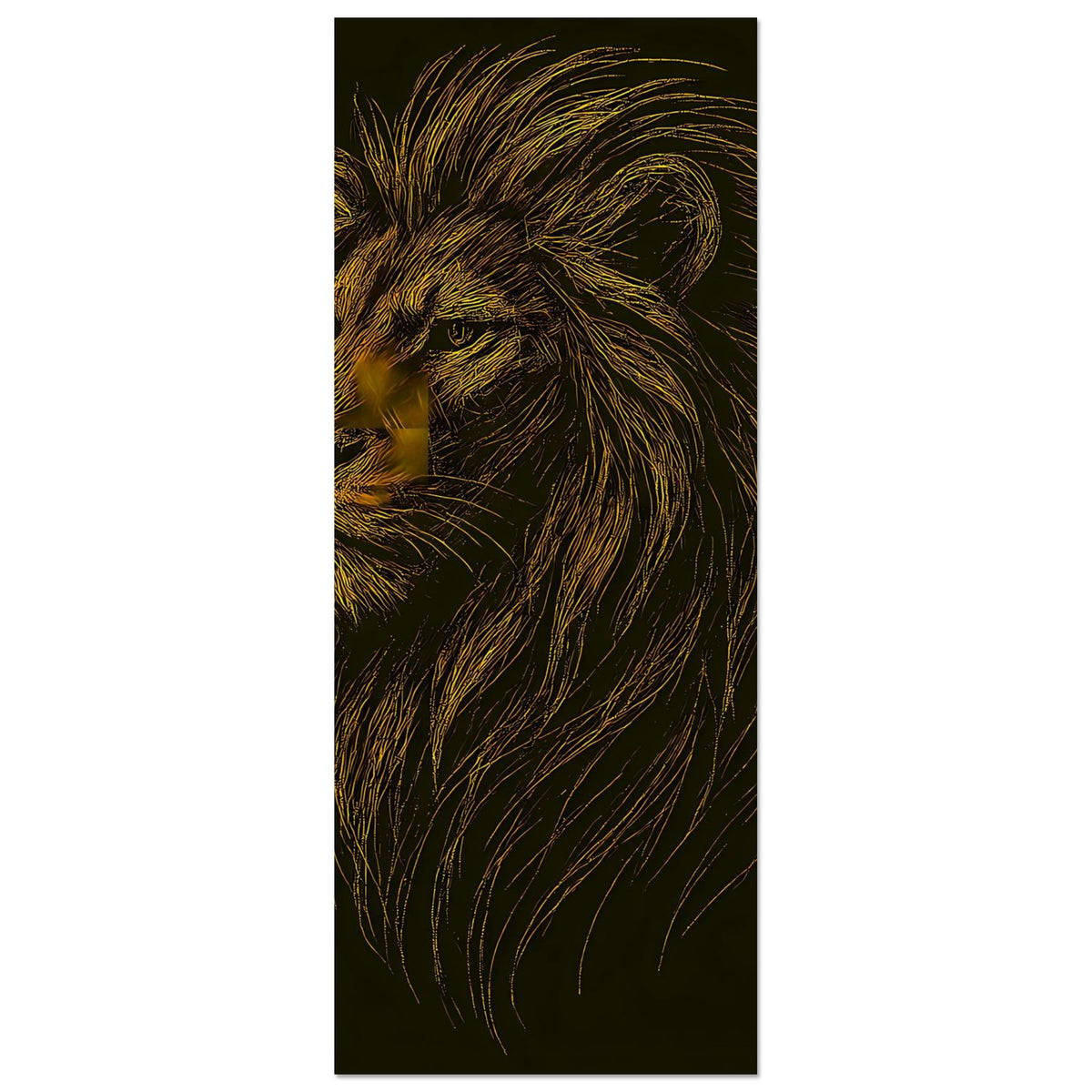 Vertikales Poster mit Löwenkopf im Profil, goldene Mähne, detaillierte Illustration auf dunkel