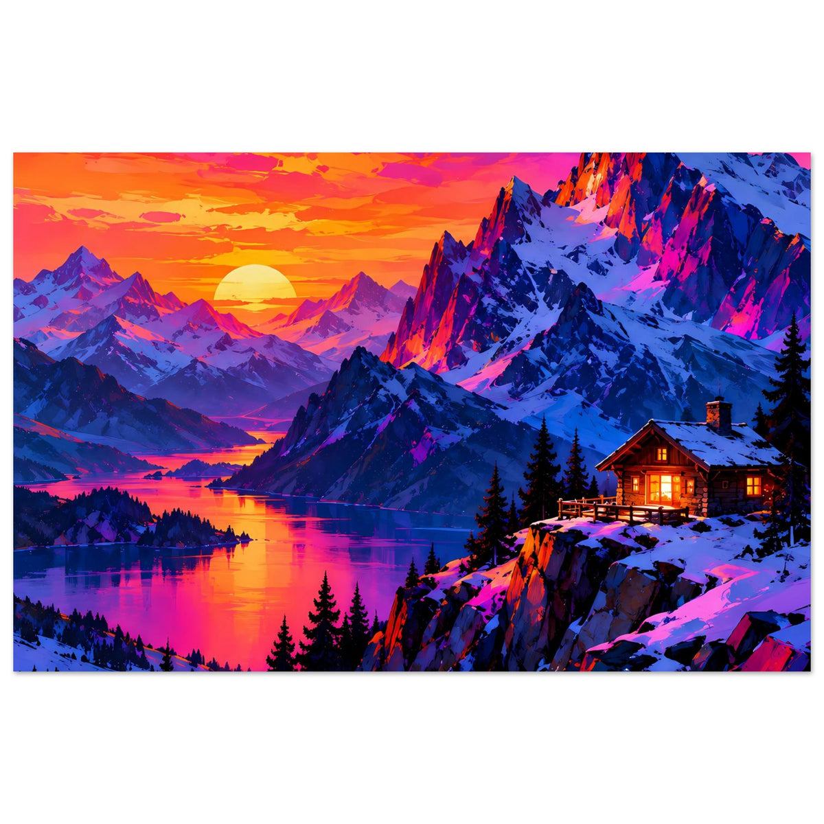 Querformat-Poster mit Bergsee bei Sonnenuntergang, beleuchtete Hütte am rechten Hang