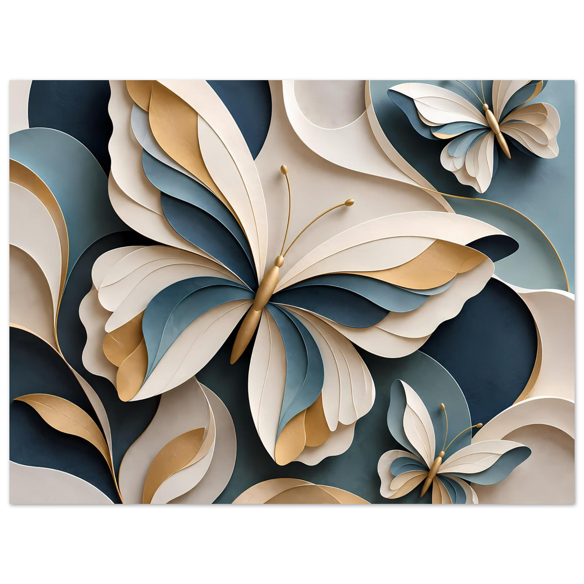 Poster mit Schmetterlingen in Blau, Gold und Creme, verschlungene Blatt- und Flügelformen