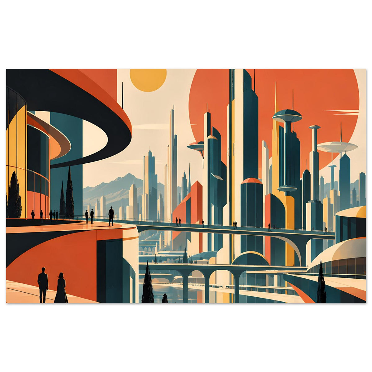 Horizontales Stadtposter mit retro-futuristischer Skyline, Türmen und Brücken.