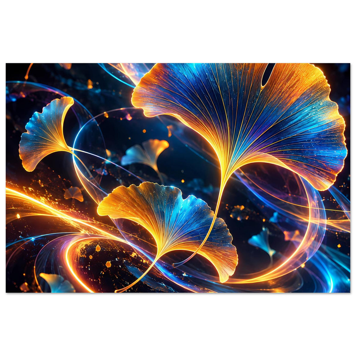 Ginkgo-Poster mit leuchtenden Blau-und-Gold-Blättern und goldenen Lichtlinien im Motiv