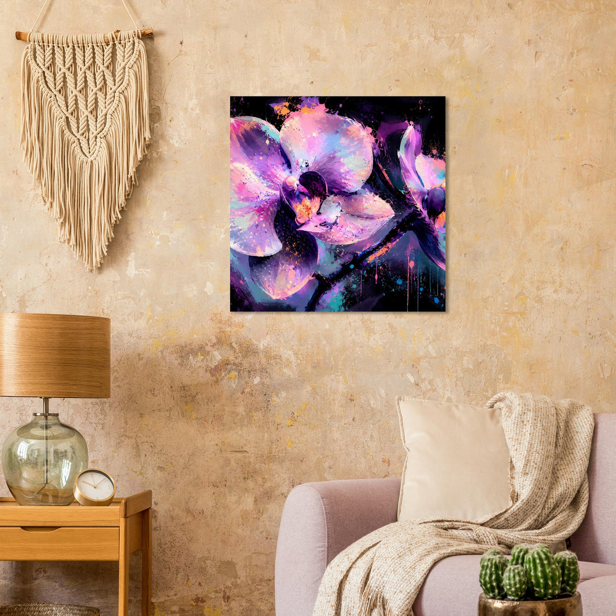Quadratisches Neon-Orchideenposter im Rahmen: violette und pinke Blüten.