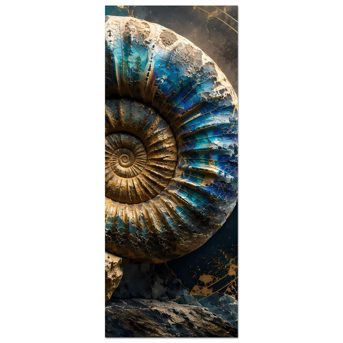 Kunstposter (hoch) mit Ammonitenfossil, Ausschnitt der Spiralstruktur in Petrol und Gold