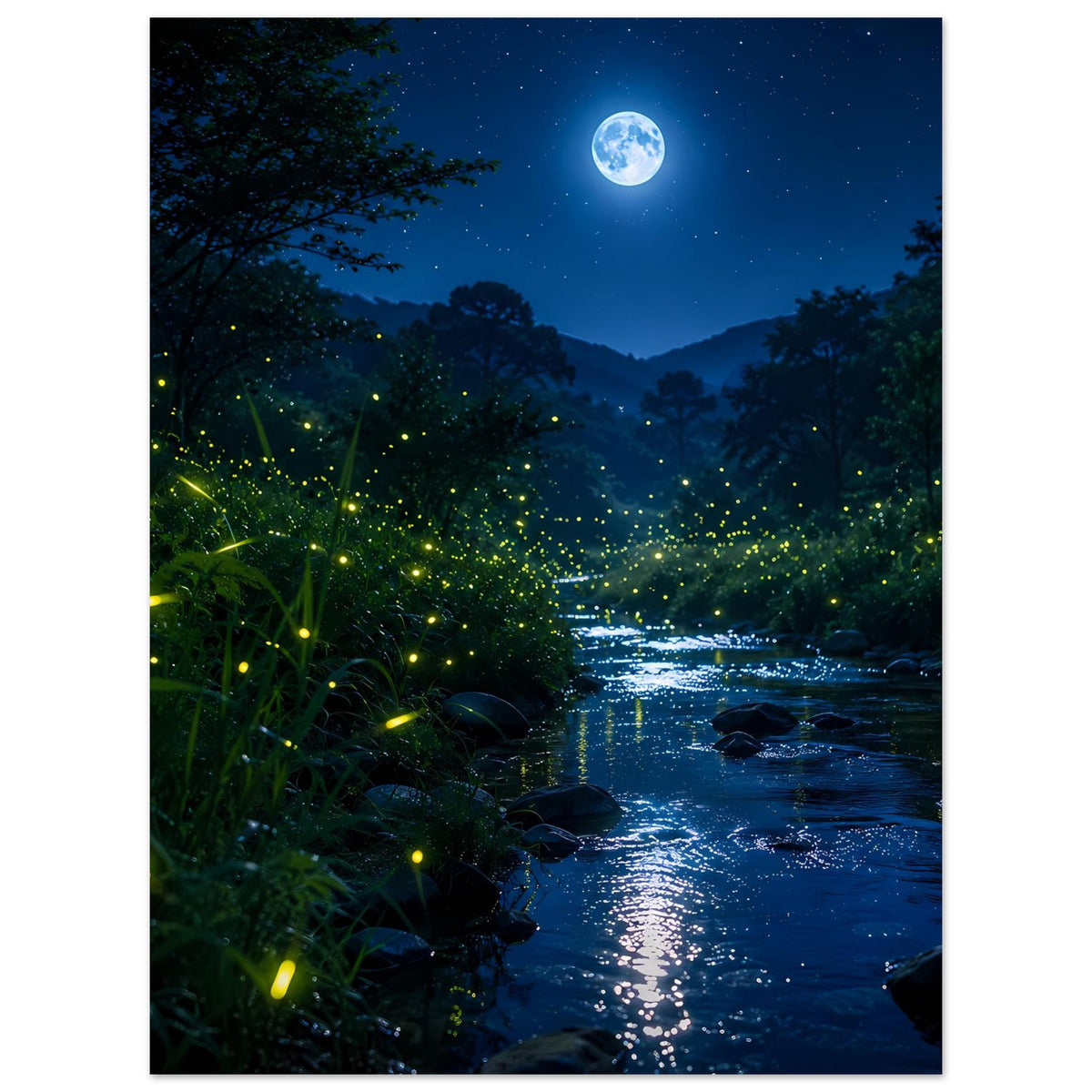 Vertikales Poster: Fluss bei Nacht mit hellen Glühwürmchen und rundem Mond im Wald, matt