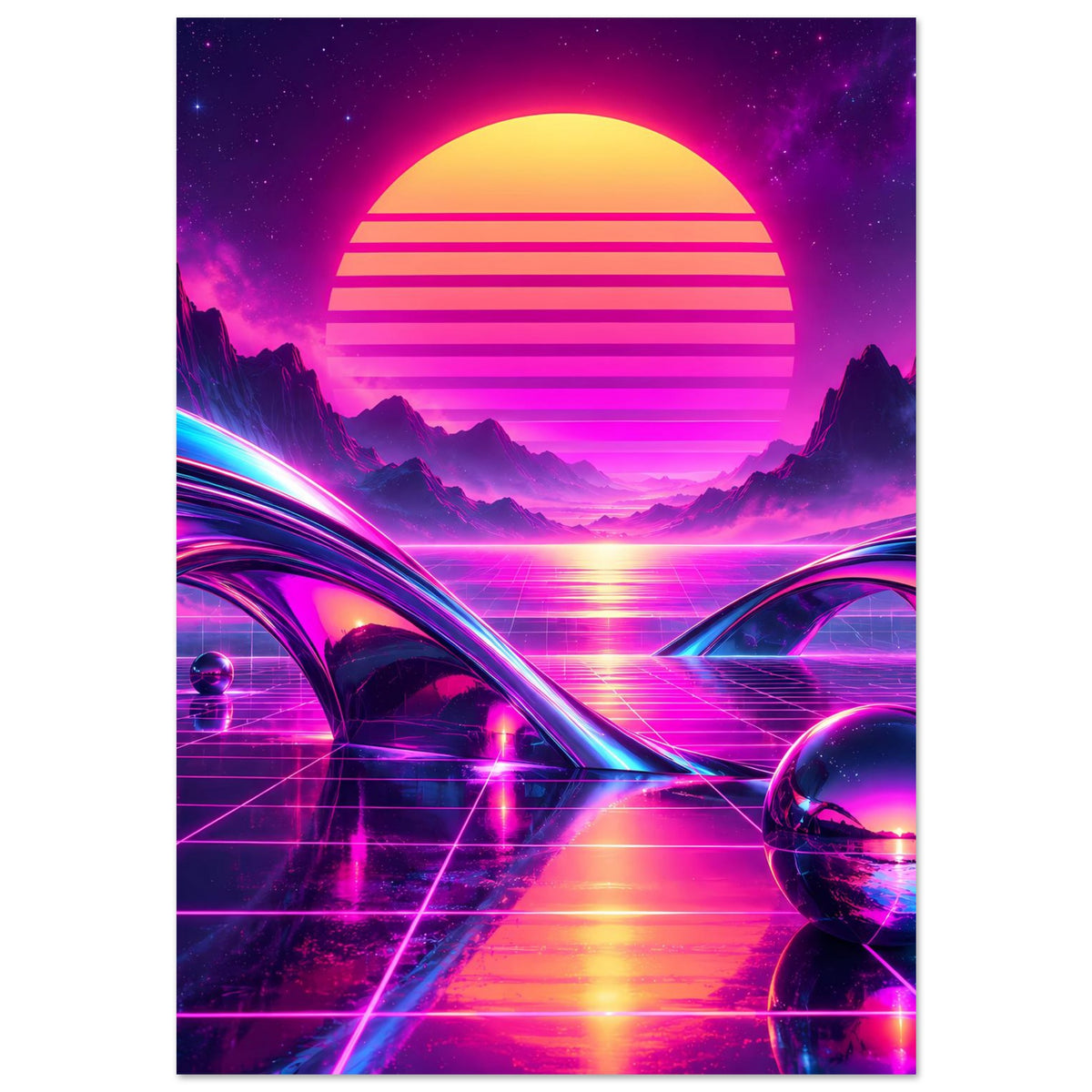 Retro-Science-Fiction-Poster mit leuchtendem Sonnenkreis, Neonlinien, Bergen und lila Himmel