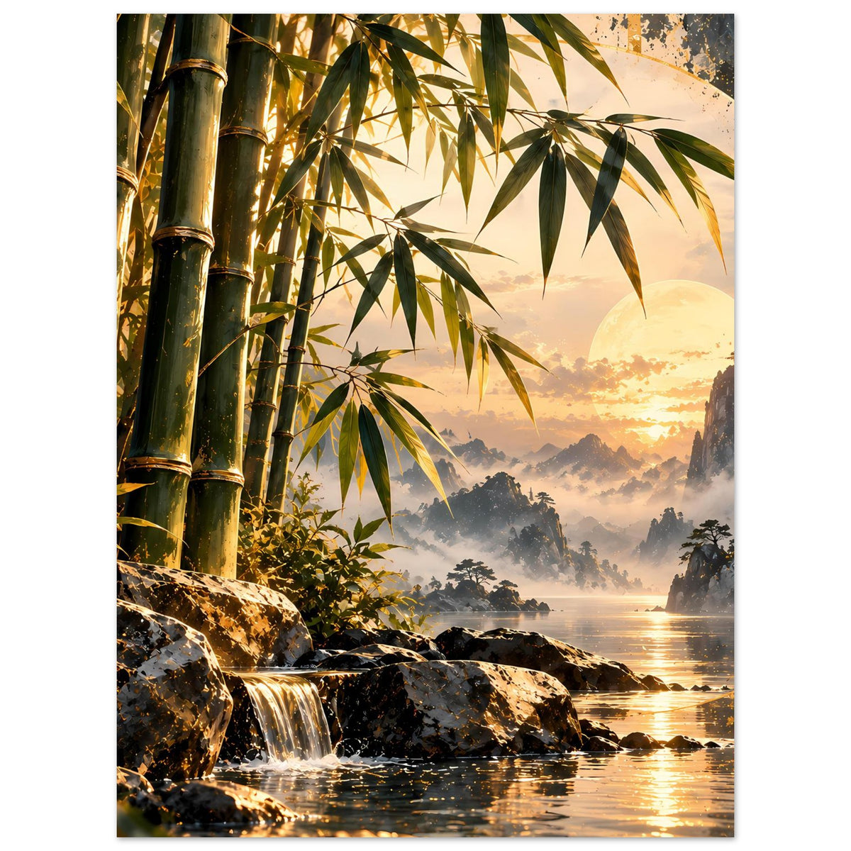 Poster Bambus-Sonnenuntergang: Bambusstämme, Wasserfall und warme Sonne im Dunst