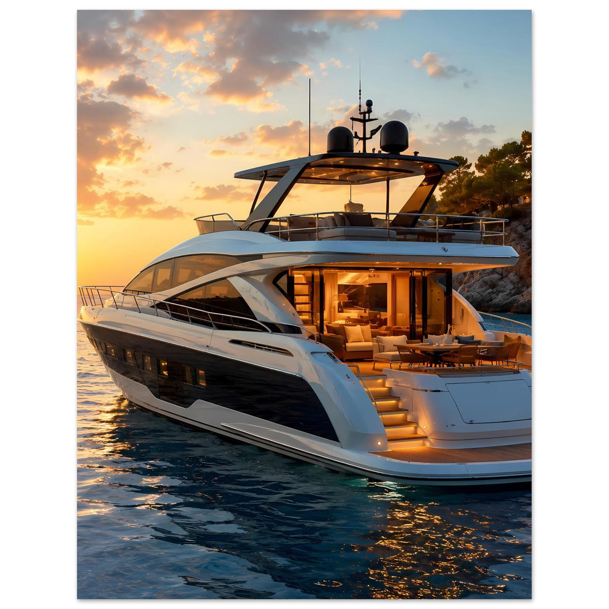 Poster mit weißer Motoryacht, beleuchtetem Salonfenster und Sitzbank im Außenbereich