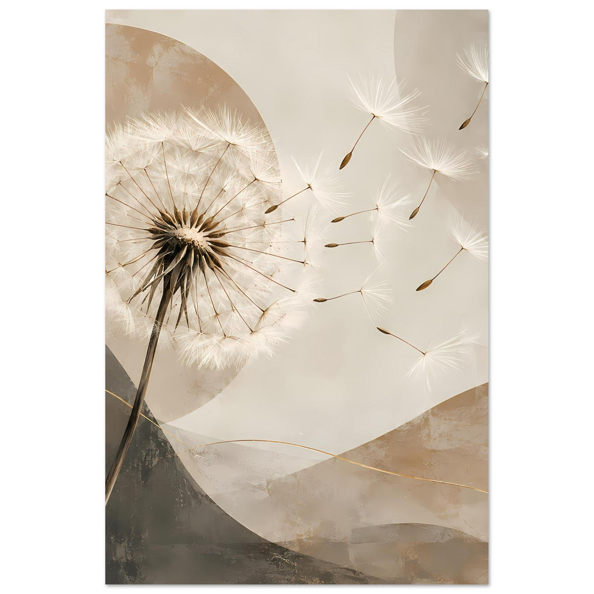 Vertikales Poster mit Pusteblume links, weiße Fallschirme und beigefarbene Farbflächen