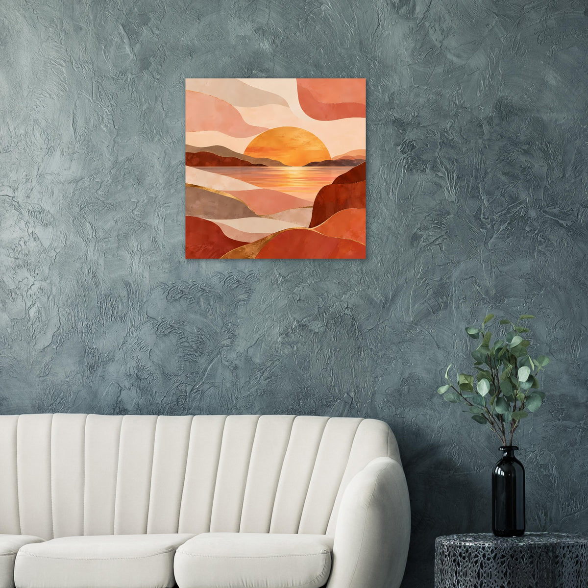 Quadratisches Poster mit abstrakter Sonnenuntergangslandschaft in warmen, erdigen Farben