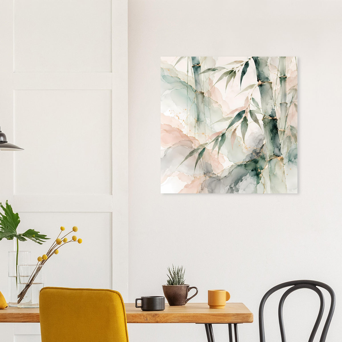 Quadratisches Naturposter mit Aquarell-Bambus in sanften Grüntönen, Creme und Rosa