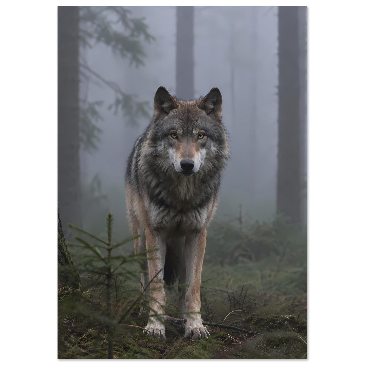 Poster im Hochformat mit grauem Wolf im Wald, zentriertes Standmotiv