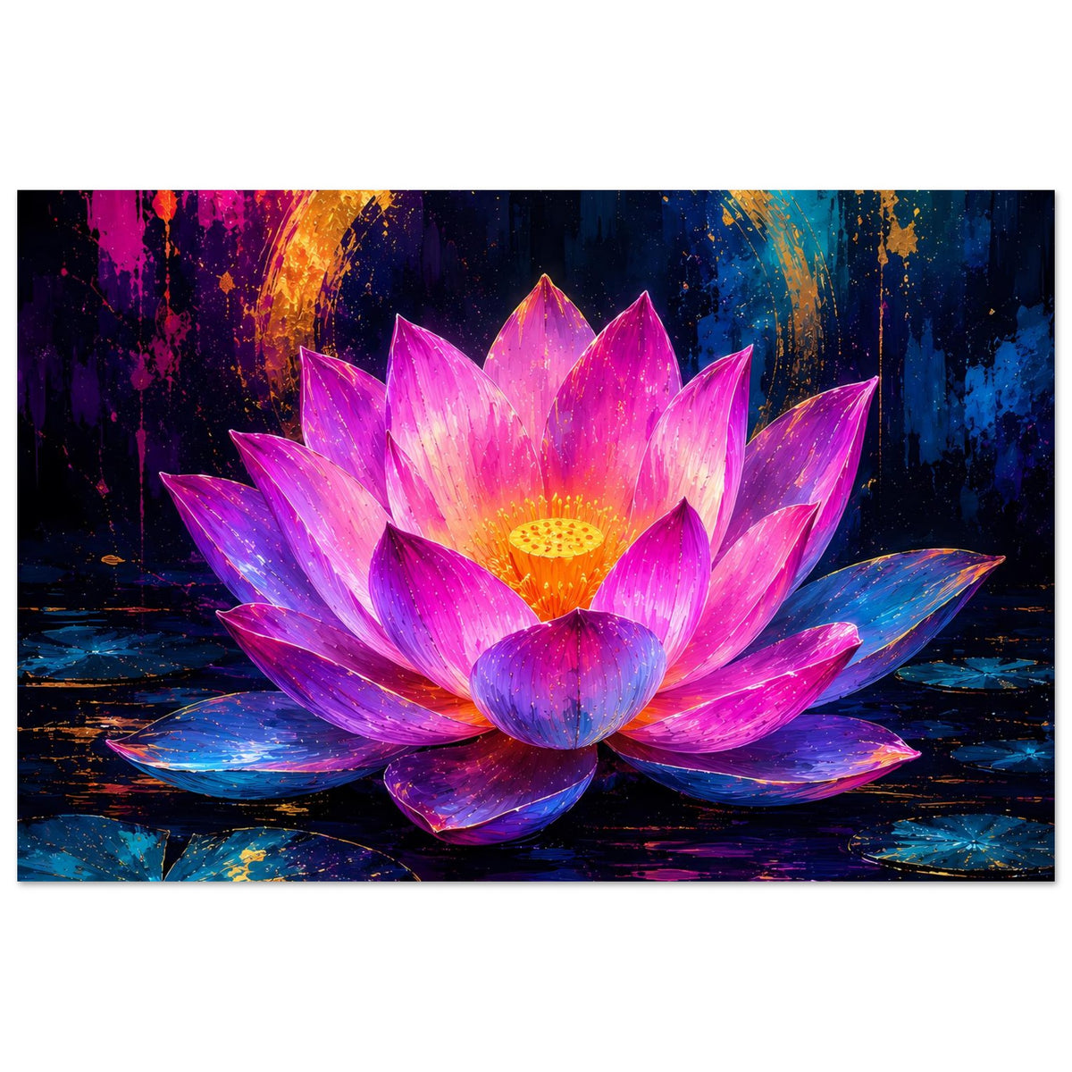 Blumenposter (horizontal) mit leuchtender Lotusblüte in Violett und Rosa, goldener Mittelpunkt