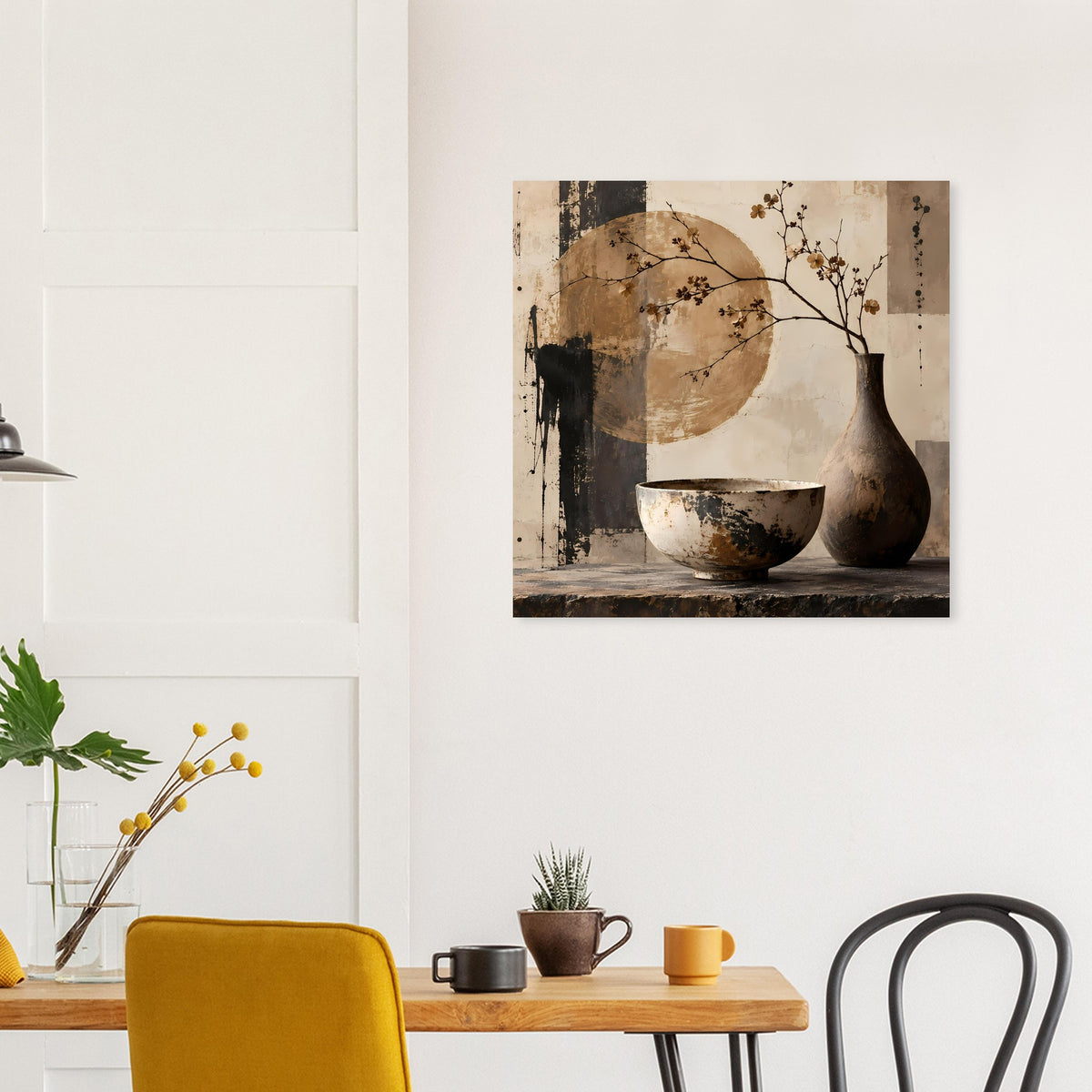 Stillleben-Poster mit großer Kreisform, Schüssel, Vase und zartem Zweig