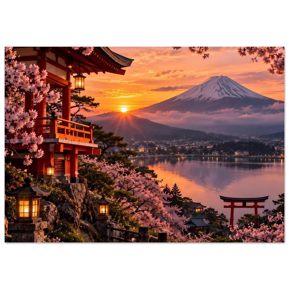 Horizontales Poster mit Kirschblüten, japanischem Tempel und Berg Fuji über dem See