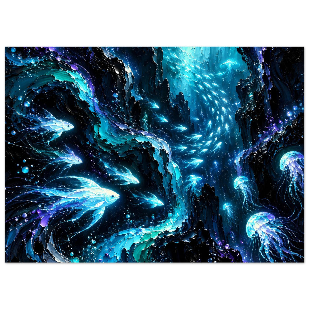 Leuchtendes Unterwasser-Poster im Querformat: blaue Fische, Quallen und glühende Lichtströme