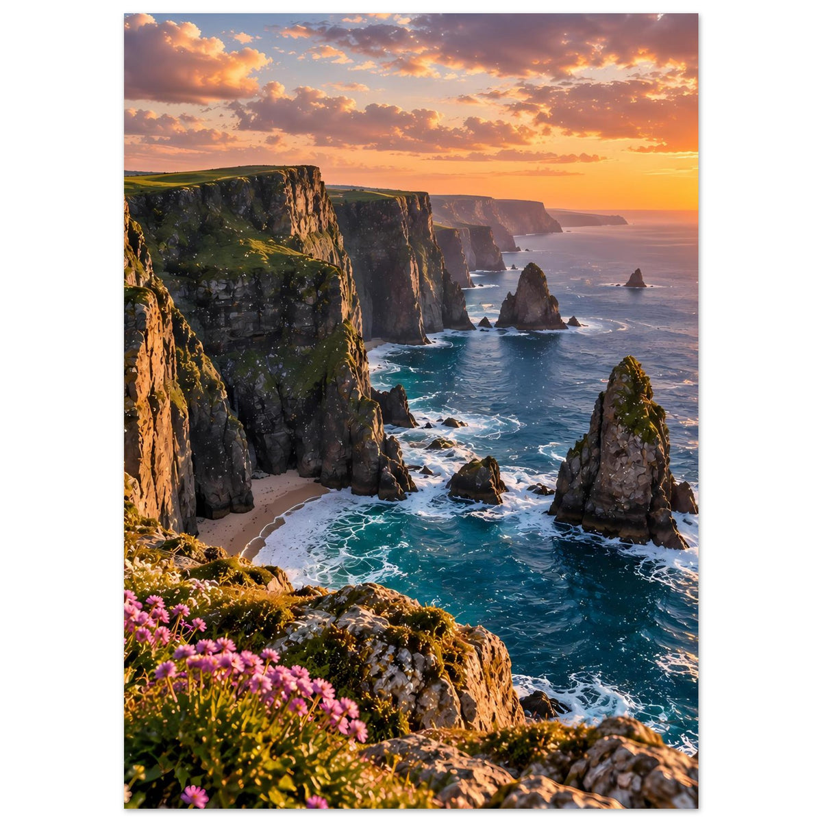 Poster mit Meerblick auf Klippen, Sonnenuntergang und Blumen am Felsenrand