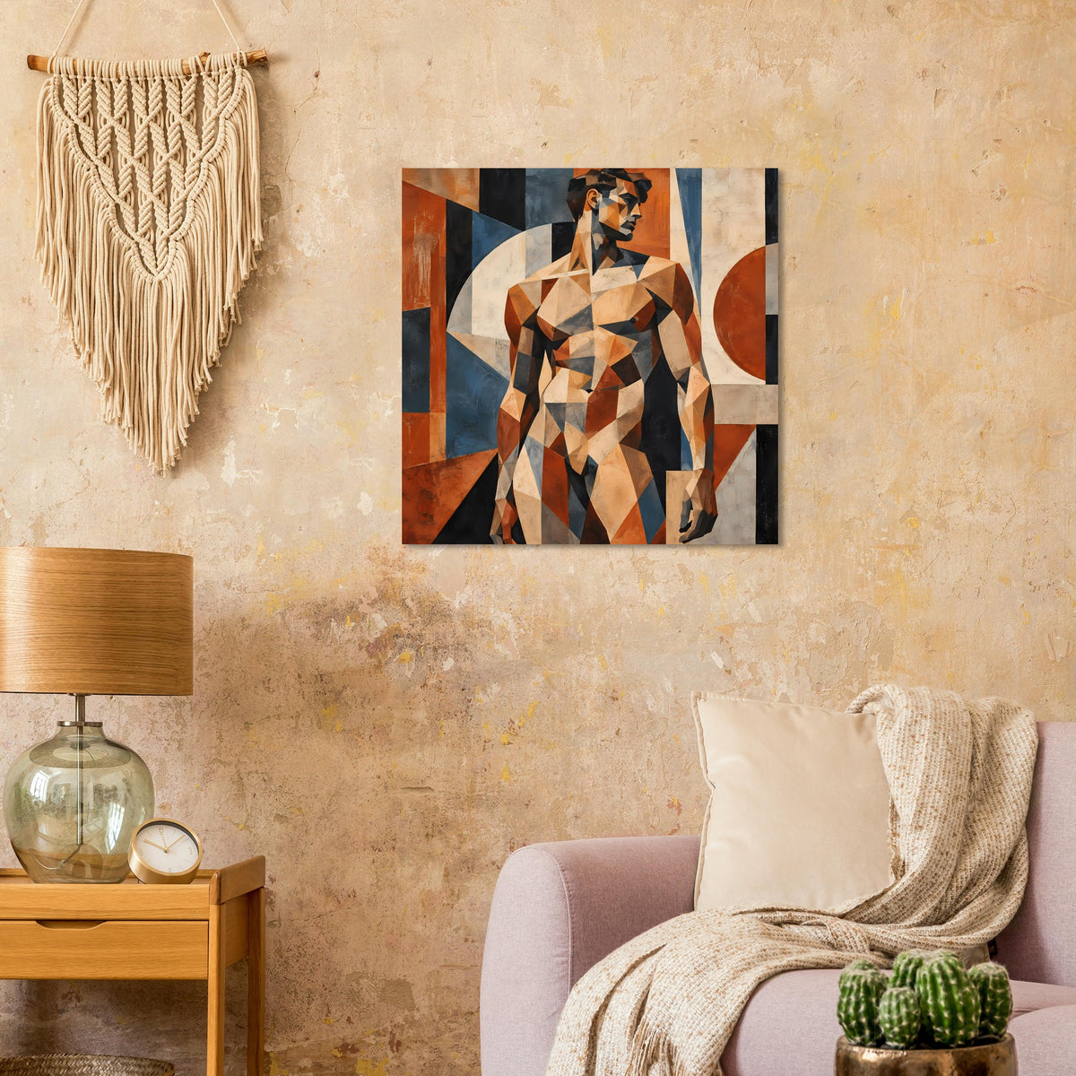 Geometrischer Kunstdruck: Akt-Mann in warmen Erdtönen, viele Dreiecke, schwarzer Rand